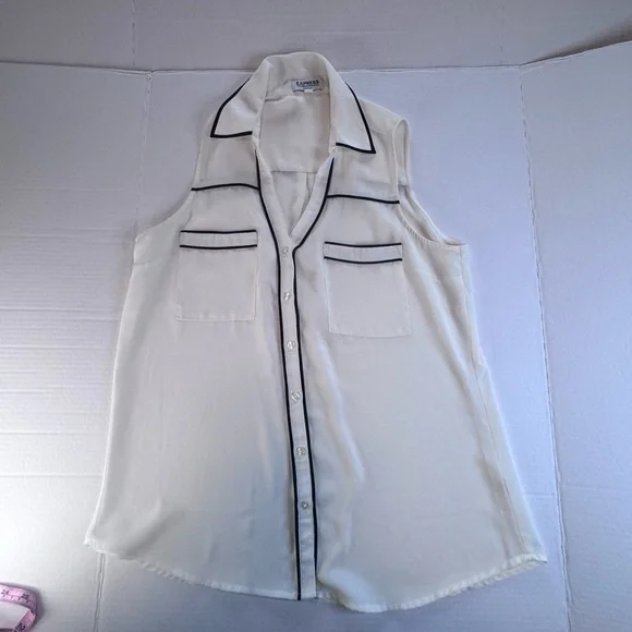 Express Portofino Sleeveless Blouse Black Piping White Button Front Top M - Picture 6 of 10